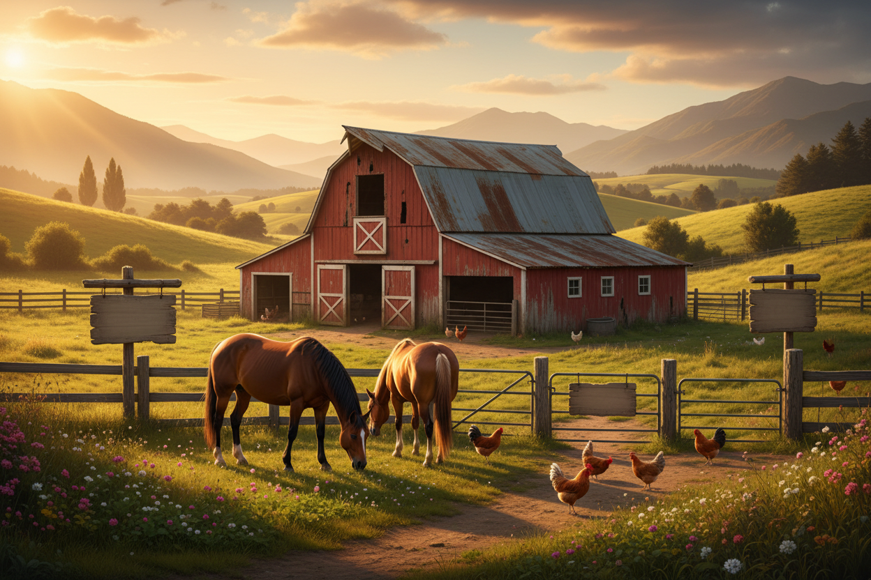 A sun-lit New Zealand farmyard at golden hour, with horses grazing and chickens pecking in the foreground, a rustic red barn in the background, and wooden sale signs throughout the scene.