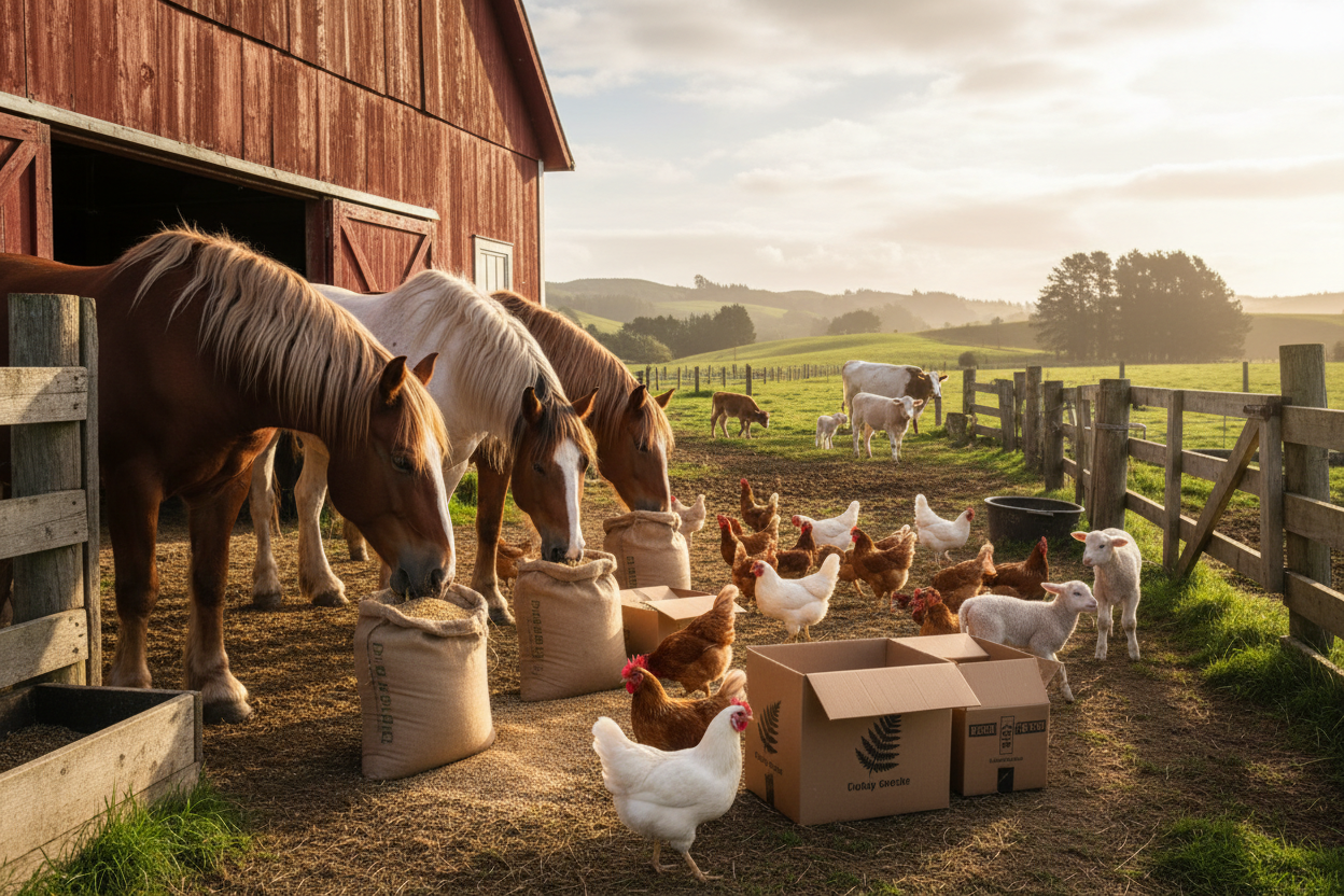 A horse and chickens curiously investigating new farm supplies near a weathered barn at sunrise, with a lush green NZ paddock in the background.
