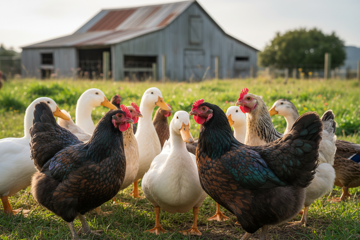 Happy free-range chickens and ducks on a NZ lifestyle block farm, with a rustic barn and green paddock in the background, in warm natural light.