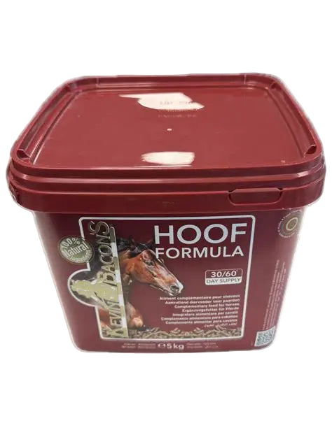 Red container of hoof formula for horses on a white background